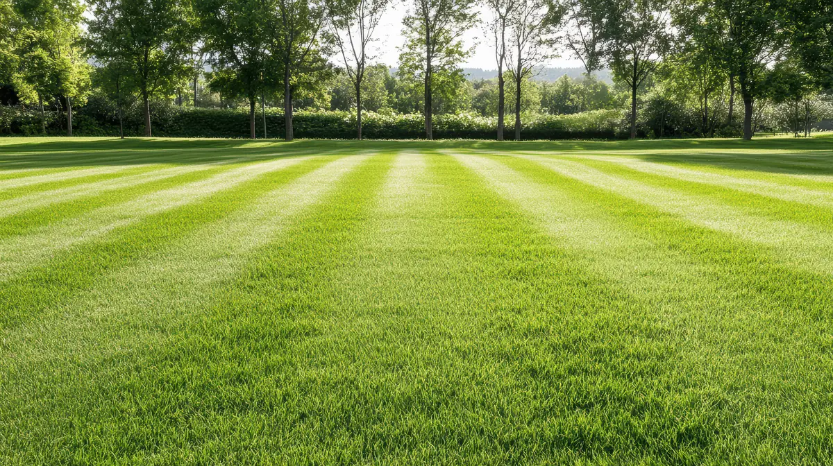 A pristine residential lawn with crisp alternating mowing stripes leading toward a tree line