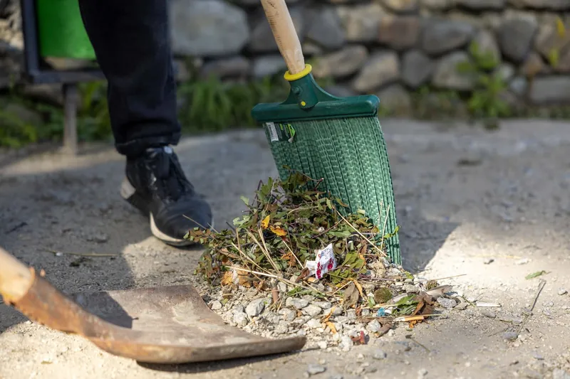 Raking yard debris during spring lawn cleanup
